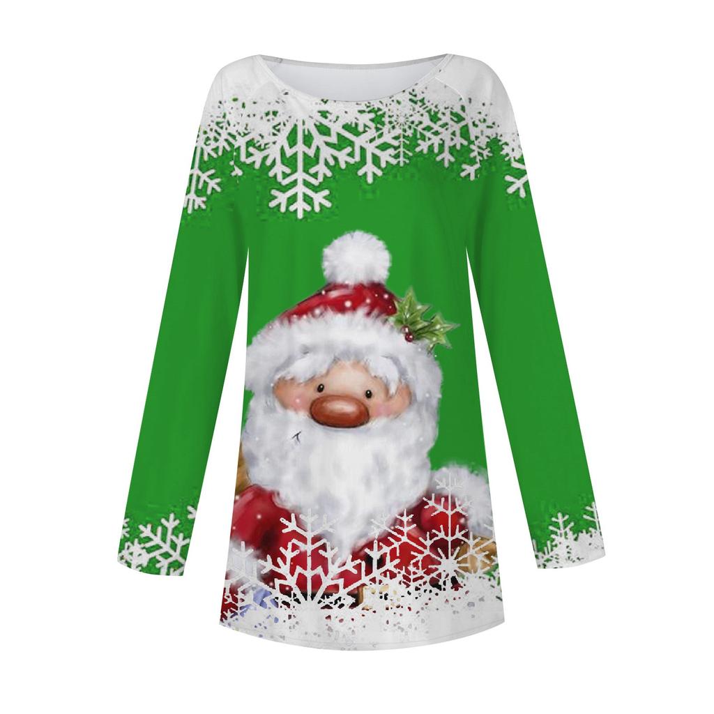 Women's Casual  Plus SizeLong Sleeved Round Neck Christmas Printing T-shirt Top Pullover