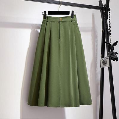 Qooth Spring Summer High Waist Mid-length Mori Solid A-line Skirt Women Elegant Preppy Style Long Skirt QT1840