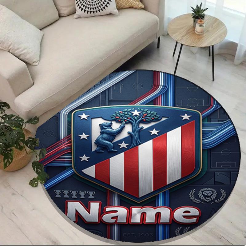 Tapis rond personnalisé avec nom imprimé Atletico Madrid, Tapis polyvalent pour la décoration de la maison, pour salle de jeux, appartement, balcon, entrée, couloir Cadeau