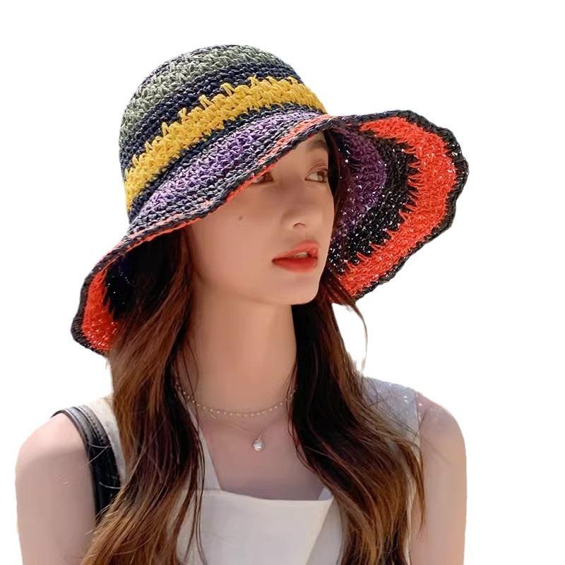 Hyunya Wind Rainbow Straw Bucket Hat Women's Summer Breathable Sunshade Sunscreen Bucket Hat Straw Hat Big Brim