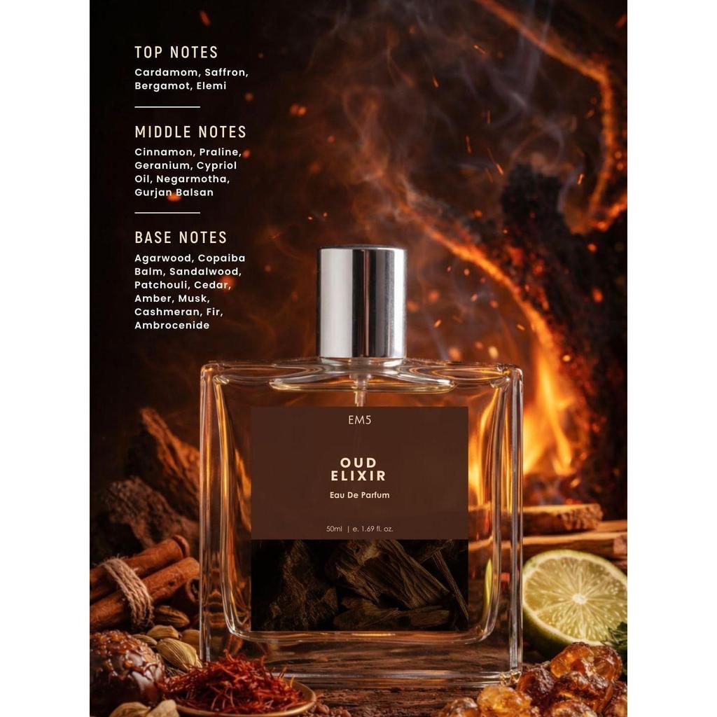 EM5 Oud Elixir Perfume for Men | Warm, Woody, Spicy, Oud Fragrance | Long Lasting Scent | Premium Gift for Him