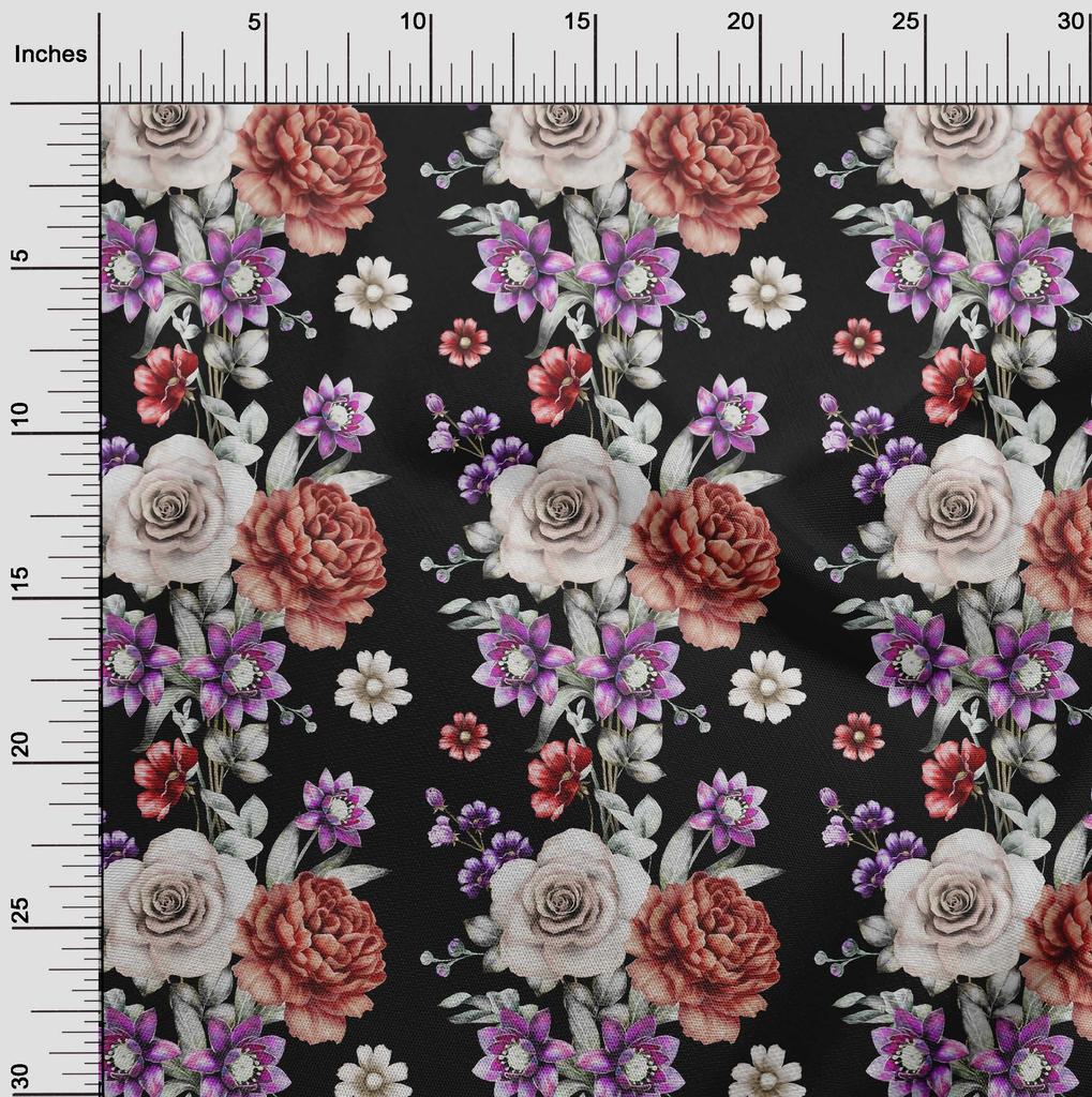 oneOone Cotton Flex Black Fabric Leaves|Lotus & Rose Floral Quilting Supplies Print Sewing Fabric By The Yard 40 Inch