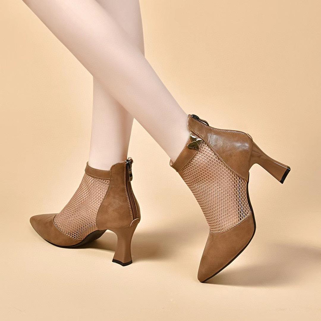 

Остроносые сетчатые туфли на высоком каблуке женские весенне-летние новые туфли-рыболовная сеть с простым темпераментом, на молнии сзади, модная обувь 40