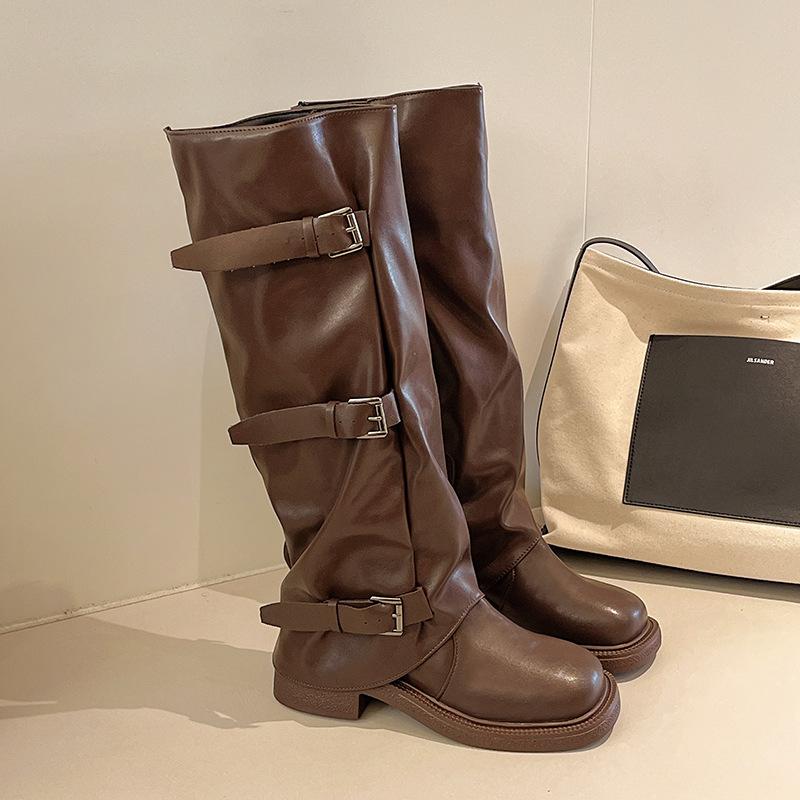 

Fashion versatile round head thick heel fashion boots women s 2025 autumn and winter new belt buckle thin versatile knight boots 40
