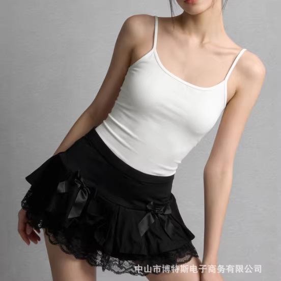 Korean Style Lace Trim Pleated Bow Ruffle Slimming Short Skirt