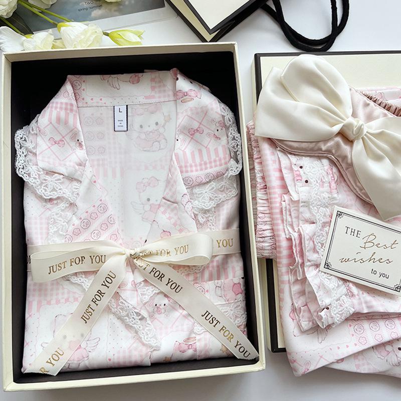 Moe-Stil Süßer Rosa Kätzchen-Pyjama: Weiche Seide, Langärmlig & Lange Hosen für Damen - Frühling & Herbst Kollektion