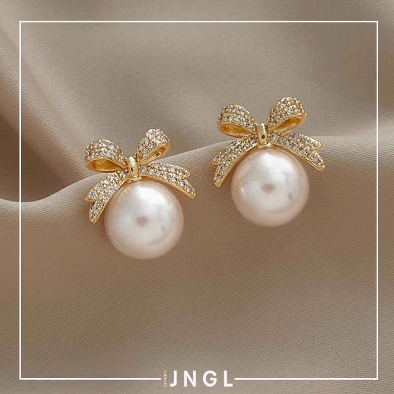 

Exquisite Retro Full Zircon Bowknot Pearl Stud Earrings for Women Temperament Fashion Korea Earring Bride Zircon Accessories золотой