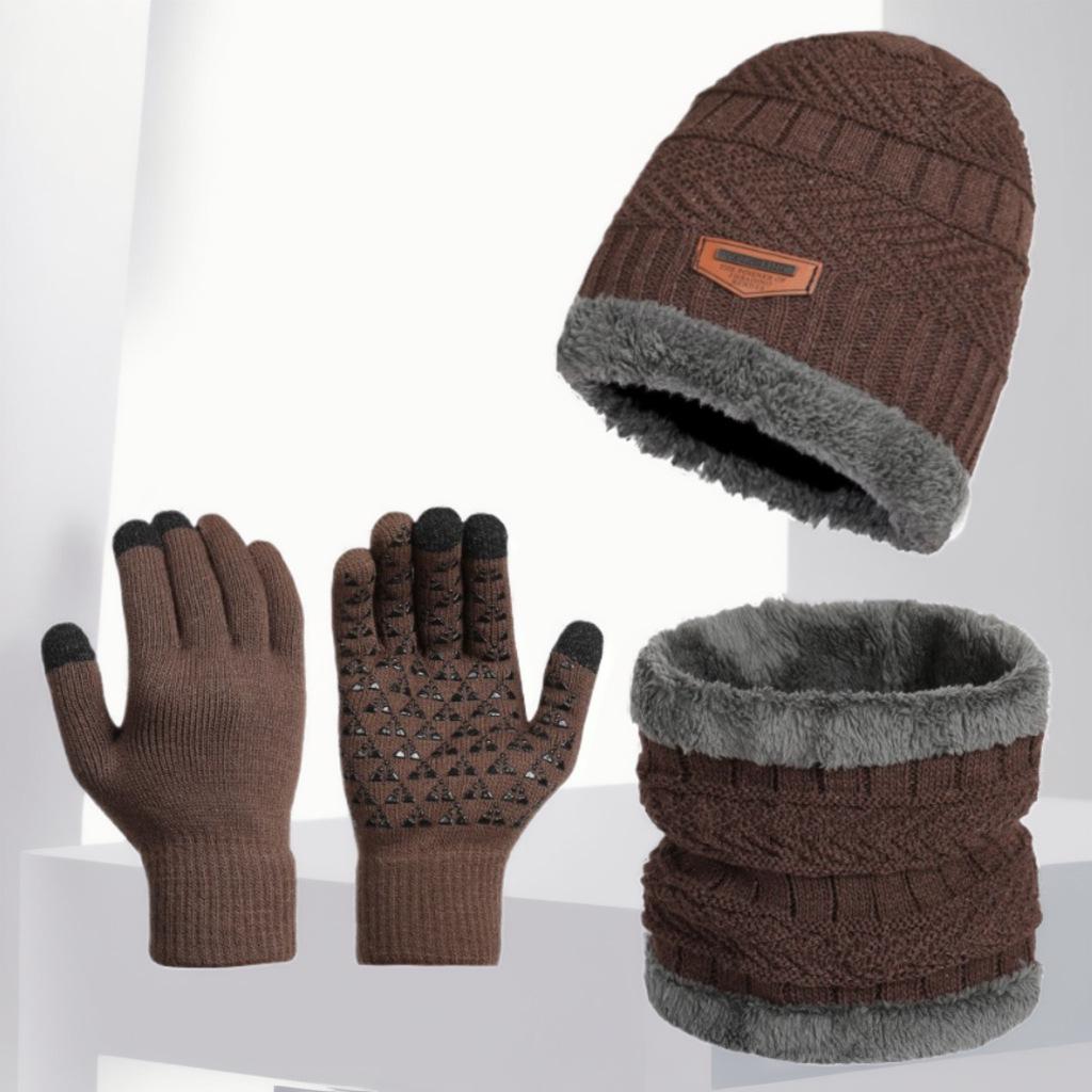 Dreiteiliges Winterset: Gestrickte Mütze, Rutschfeste Touchscreen-Handschuhe und Fleecegefütterter Wollschal