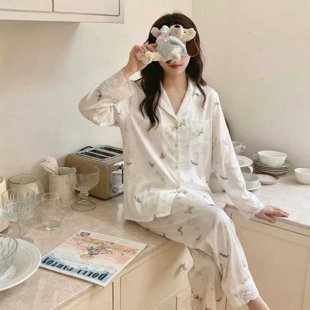 Little Butterfly Women's Spring Color Silk Pajama Set - Long Sleeve, Long Pants, Lace Trim, Button-Up- Can Be Worn Outdoors.