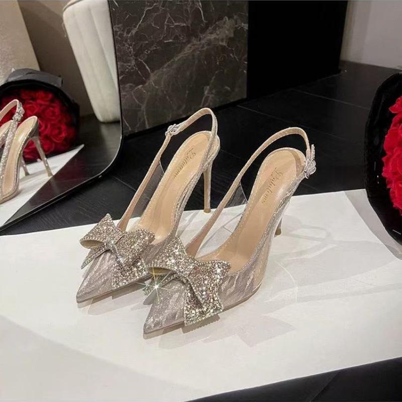 

Мода 2025 Женская обувь Ремешок с пряжкой Женские туфли на высоком каблуке Сексуальные вечерние туфли Женские туфли с хрустальным бантом Заостренный носок Супервысокий тонкий каблук Сандалии 39 шампанского