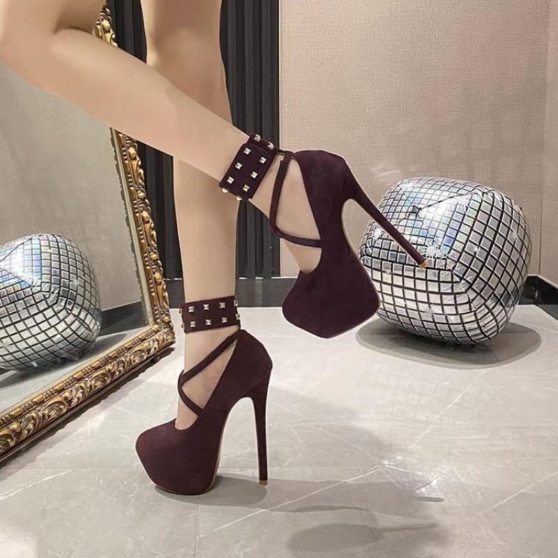 Women High Heel Fashion Metal Rivets Ankle Strap Platform Pumps Sandals Women Wedding Party Sexy Platform Stripper Design Shoes