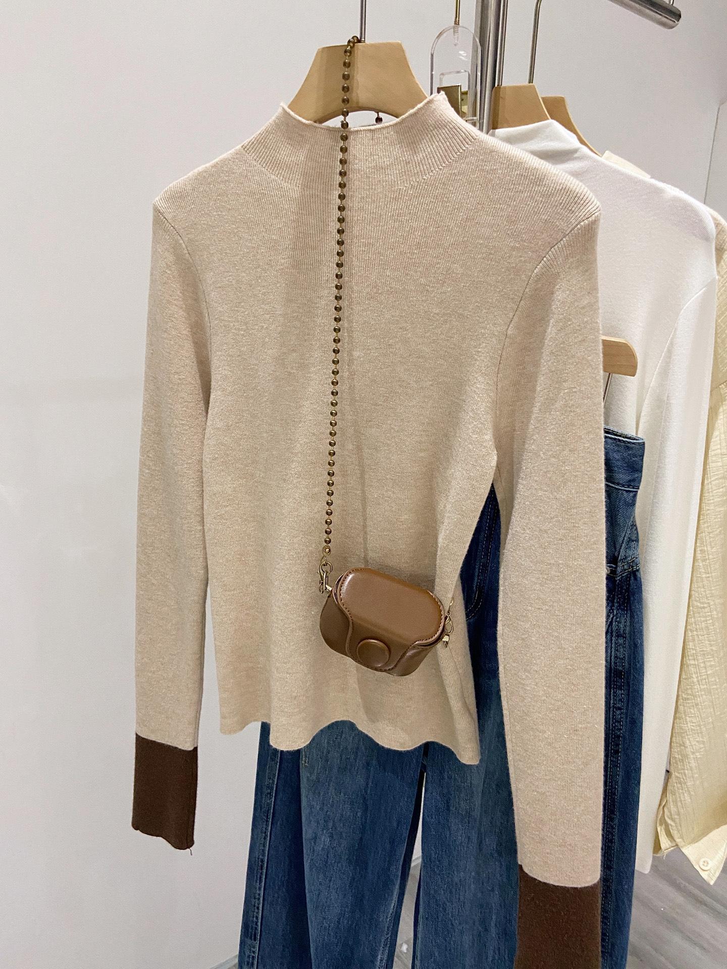 

Модный трикотажный топ с полувысоким воротником женский осенне-зимний базовый тонкий контрастных цветов мягкий восковой универсальный свитер футболка для низа L хаки