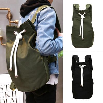 Men's Solid Color Drawstring Canvas Large Capacity Bucket Bag Casual Backpack