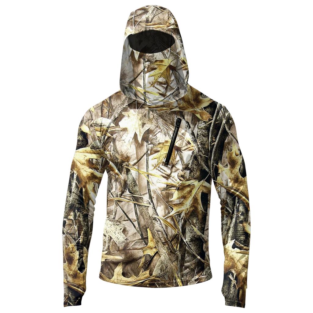 Men's Casual Leaf Camouflage Print Hoodie Long Sleeve Sun Protection Jacket Lightweight Breathable Outdoor Pullover with Zipper Pocket