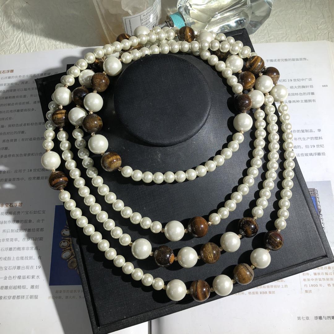 

Medieval natural stone tiger s eye stone with glazed beads and beaded super long crossbody chain, stacked and worn Extra long crossbody necklace