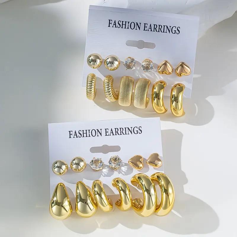 12pcs/24pcs New Artificial Crystal Heart Earring Sets for Women Exaggerated C-Shaped Resin Gold-Plated Earrings Jewelry Gifts
