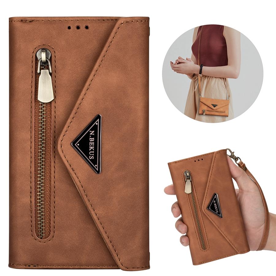 Zipper Wallet Leather Cards Solt Case For Samsung S23 Ultra S22 Plus S21 FE S20 A53 A52 A12 A13 A14 A54 Crossbody Strap Cover For Redmi Note 10 11 Pro