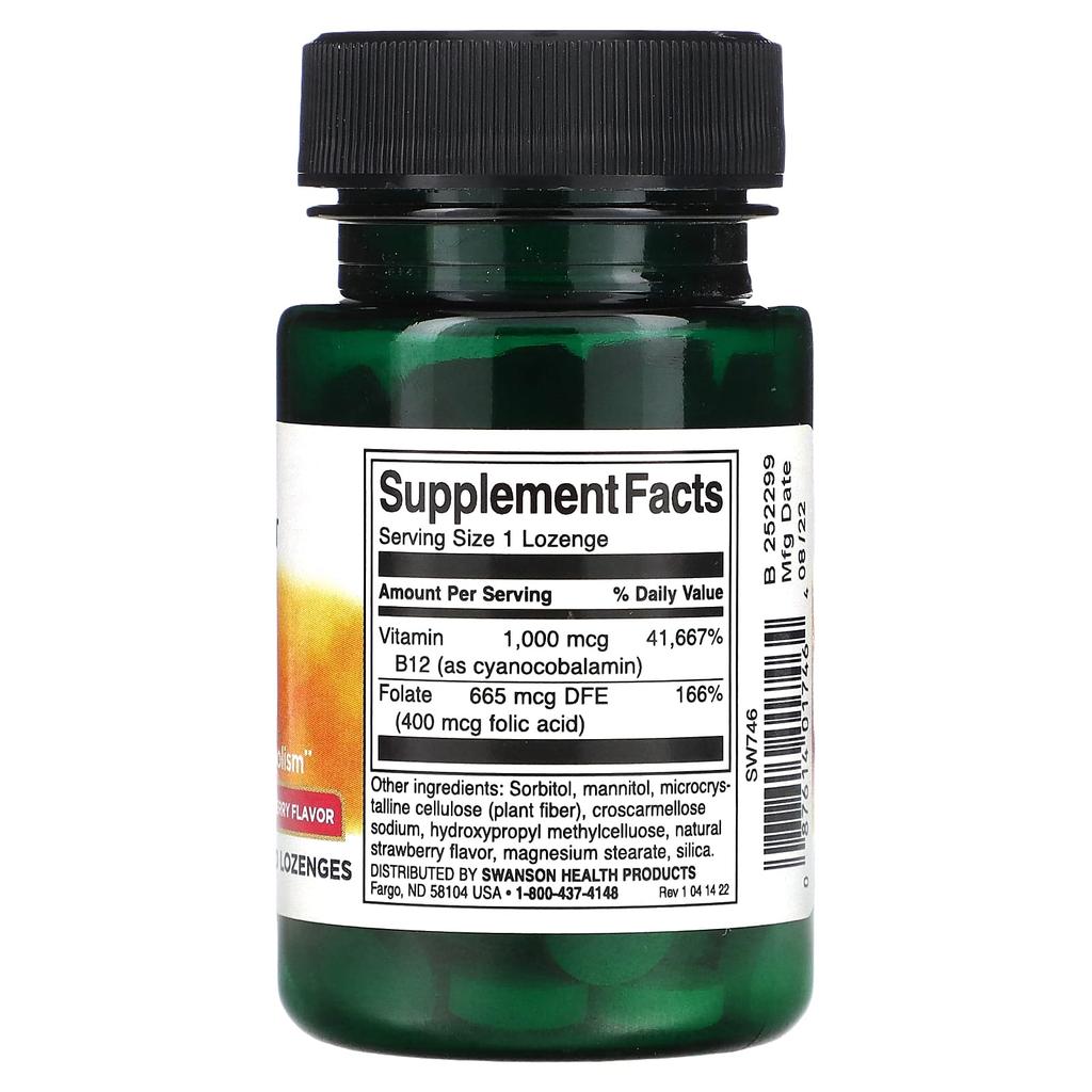 Swanson Vitamin B12 with Folic Acid, Strawberry Flavor, 1,000 Mcg, 100 Lozenges