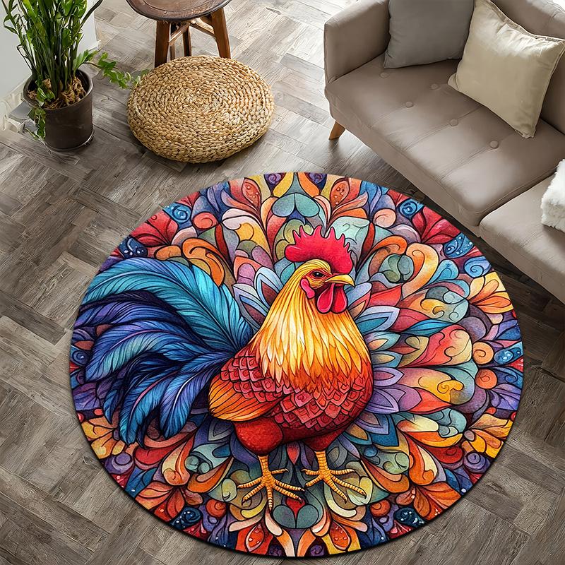 Colorful Style of the Rooster Flannel-printed Round Floor Mats Are Slip-resistant Suitable Living Room Terrace Garden Carpets