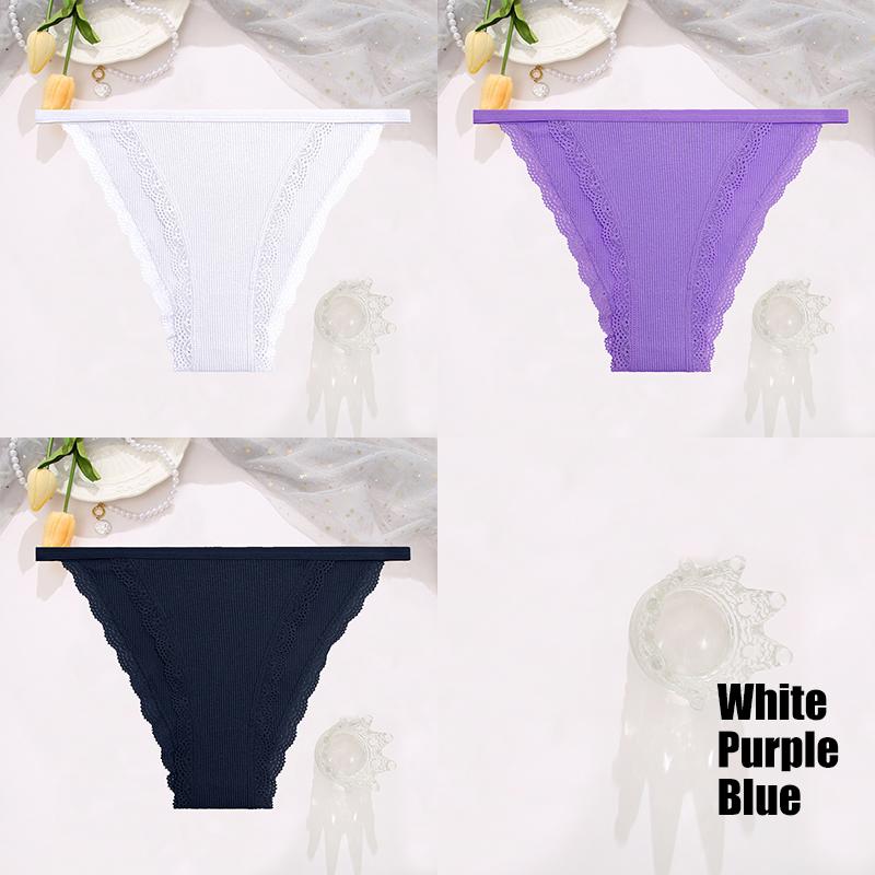 FINETOO 3Pcs/Set Sexy Lace Cotton Briefs Women Solid Comfortable Panties Female Soft Underwear Breathable Intimates Lingerie