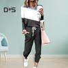 2 Pcs/Set Women Top Pants Suit Round Neck Long Sleeves Colorblock Sport Sweatshirt Drawstring Elastic Waist Trousers Fitness Outfit Fall Spring
