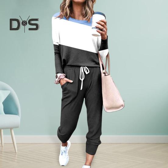 2 Pcs/Set Women Top Pants Suit Round Neck Long Sleeves Colorblock Sport Sweatshirt Drawstring Elastic Waist Trousers Fitness Outfit Fall Spring