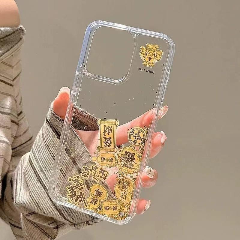 

Подходит для iPhone 16 Новогодний чехол для мобильного телефона Золотой Бог Богатства с зыбучим песком Apple 15 ProMax Прозрачный с блестками Противоударный 14 iPhone11