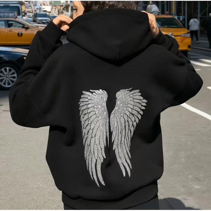 Womens Casual Tracksuit Set With Sequin Wing Embroidery Solid Color Hoodie Pants Streetwear Outfit