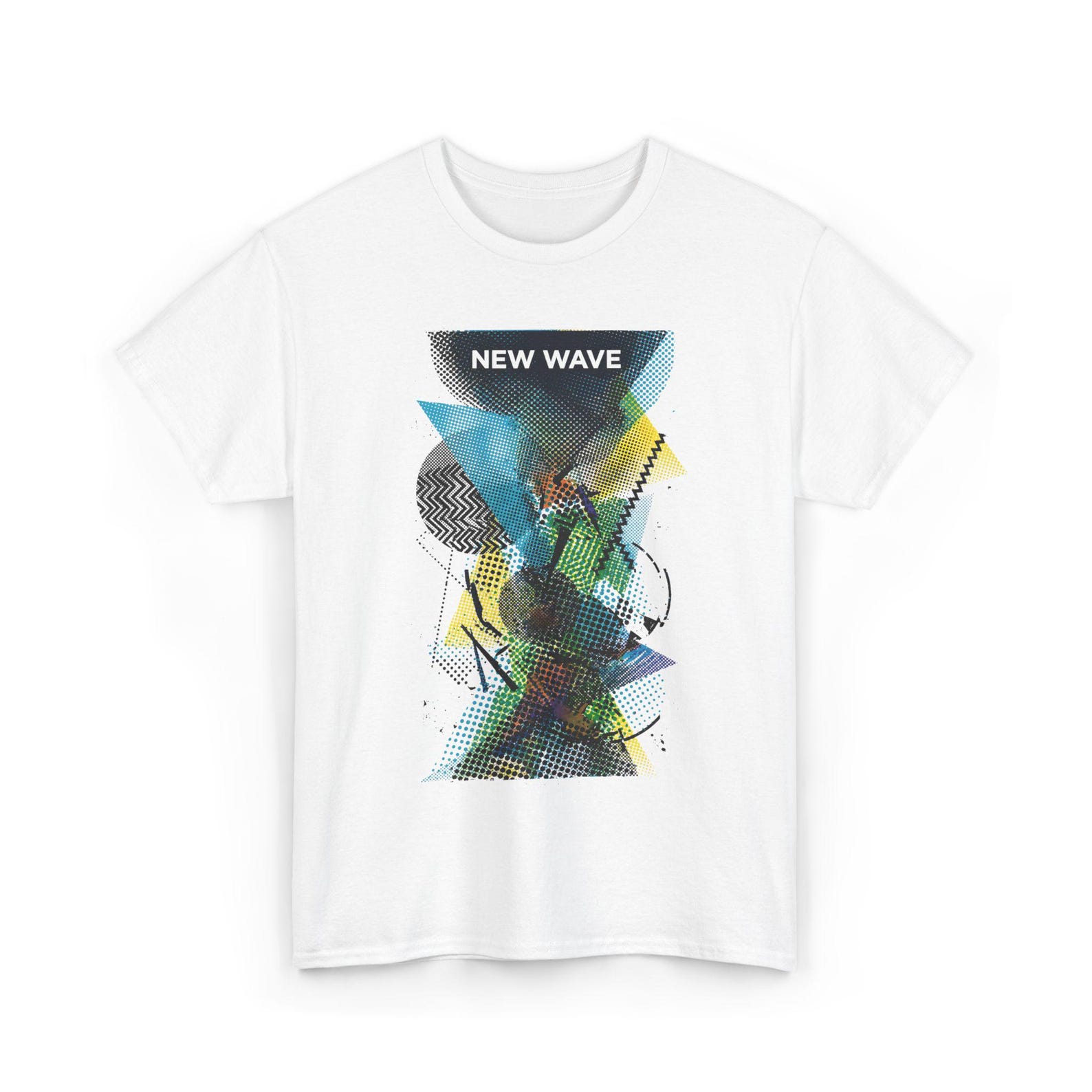 New Wave Graphic T-Shirt, Abstract Geometric 80s Memphis Style, Blue Yellow Halftone Print, Retro Synthwave Streetwear, Cotton Art Top 4XL