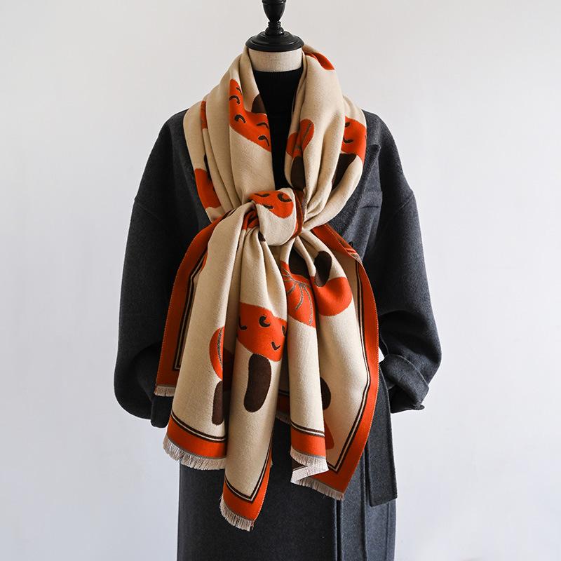 Cartoon Small Mushroom Print Cute Double-Sided Women'S Imitation Cashmere Warm Scarf Small Fresh Air Conditioner Shawl