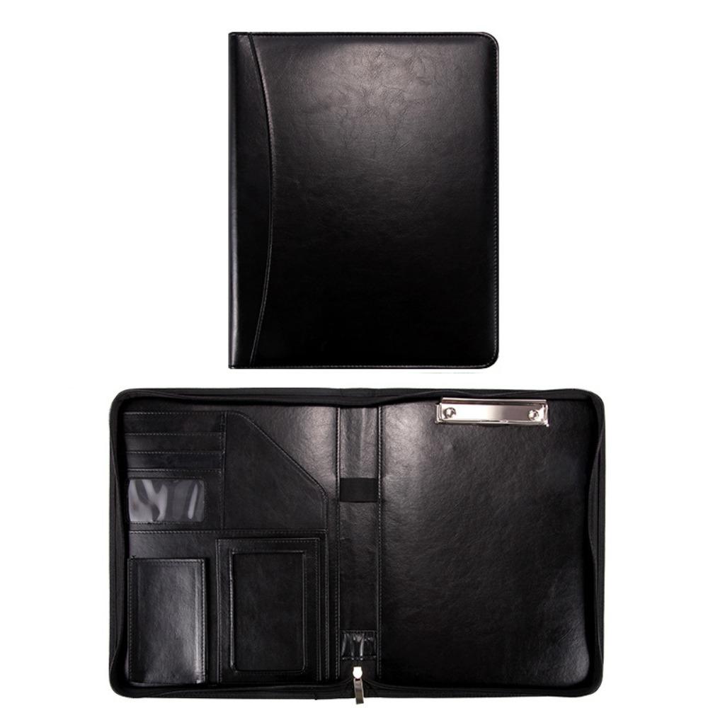 Portable PU Leather A4 File Folder Zipper Bag Card Holder Pen Insert Business Briefcase Zipper Closure Memo Pad Clip Conference