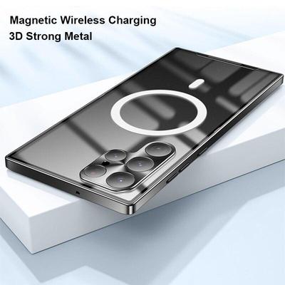 Manyetik Kablosuz Şarj Metal Kasa Samsung S24 S23 S22 Ultra S21 S20 FE/iphone 15 14 13 12 11 Pro max Alüminyum Tampon Çerçeve Şeffaf Kapak