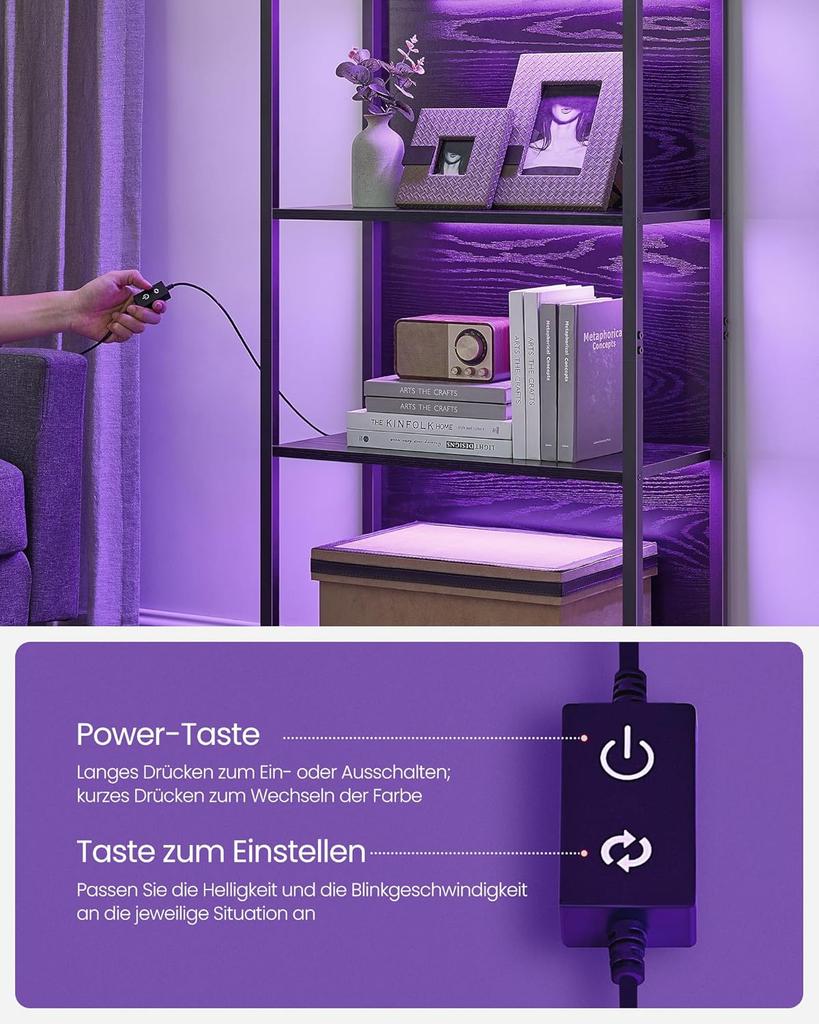 VASAGLE Libreria a 6 Ripiani con Illuminazione LED Regolabile, Scaffale con Struttura in Acciaio, 30,3 x 60 x 178,6 cm, per Soggiorno, Camera da Letto, Studio Nero Ebano