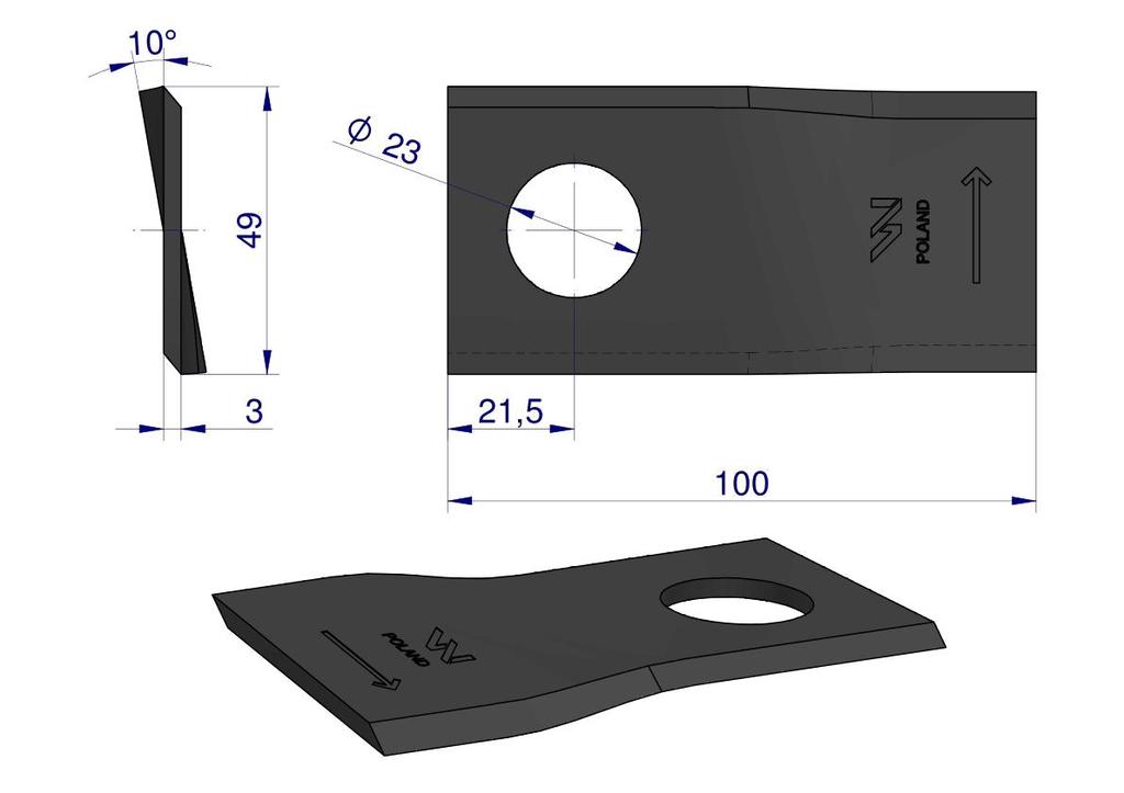 Left mower blade 100x48x3mm hole 23 application T683L Mortl WARYŃSKI (sold in 25 pieces)