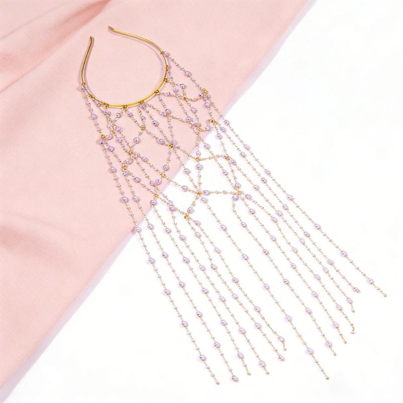 Stylish Imitation Pearls Headwear with Delicate Tassels Costume Headbands Ideal For Prom Gatherings And Casual Outfits
