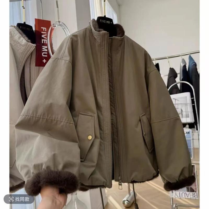 Women Stand Collar Short Workwear Faux Fur Lined Parka Jacket