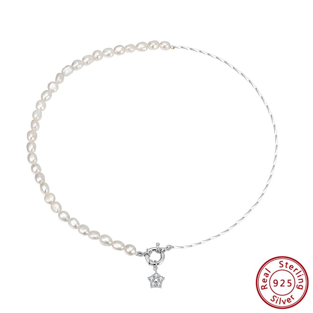ORSA JEWELS Unique 925 Silver Natural Pearl Choker Necklace with Zircon Vintage Link Necklace for Women Chain Jewelry GPN92