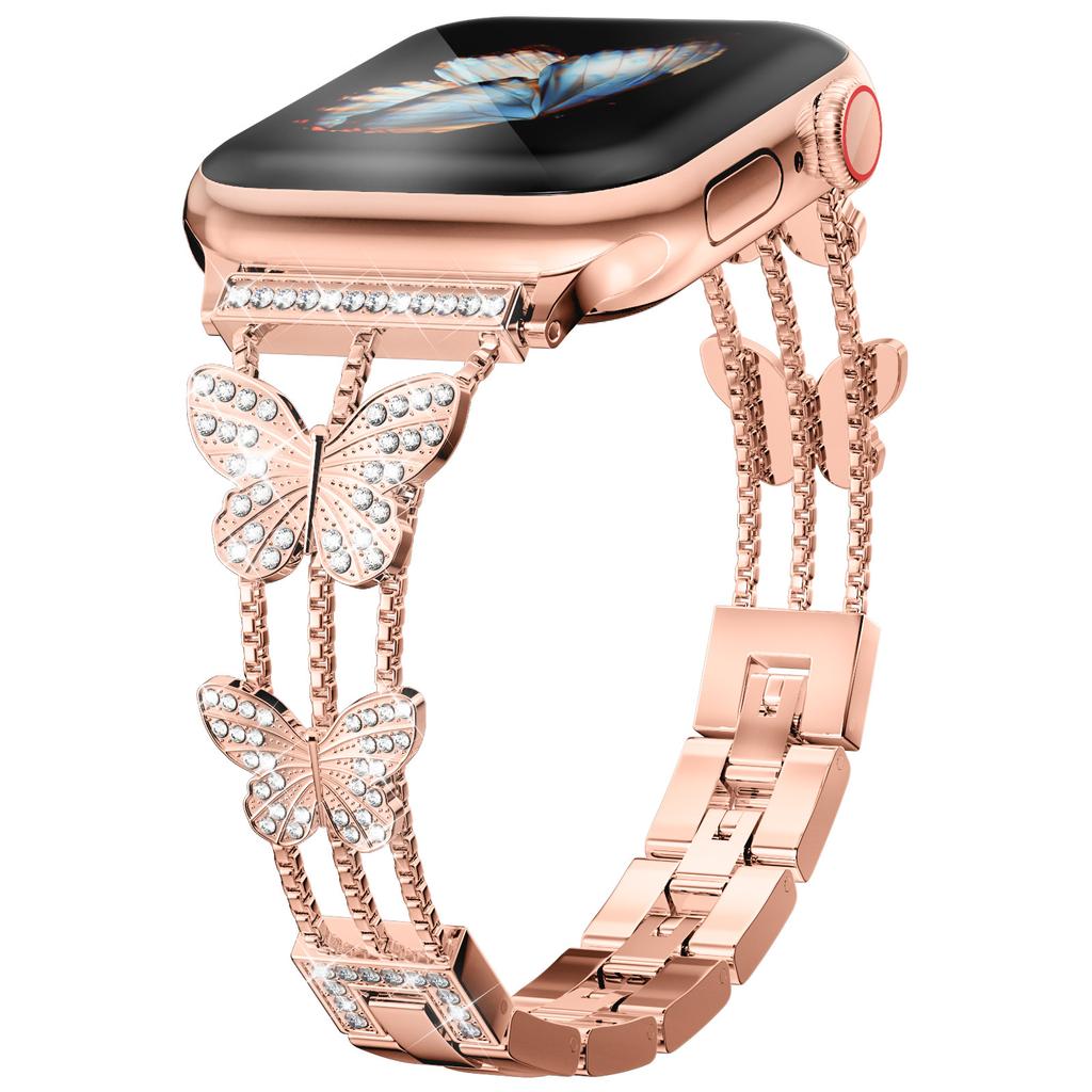 Elegant and fashionable butterfly diamond ladies watch strap for Apple watch, shiny butterfly diamond inlaid metal watch strap