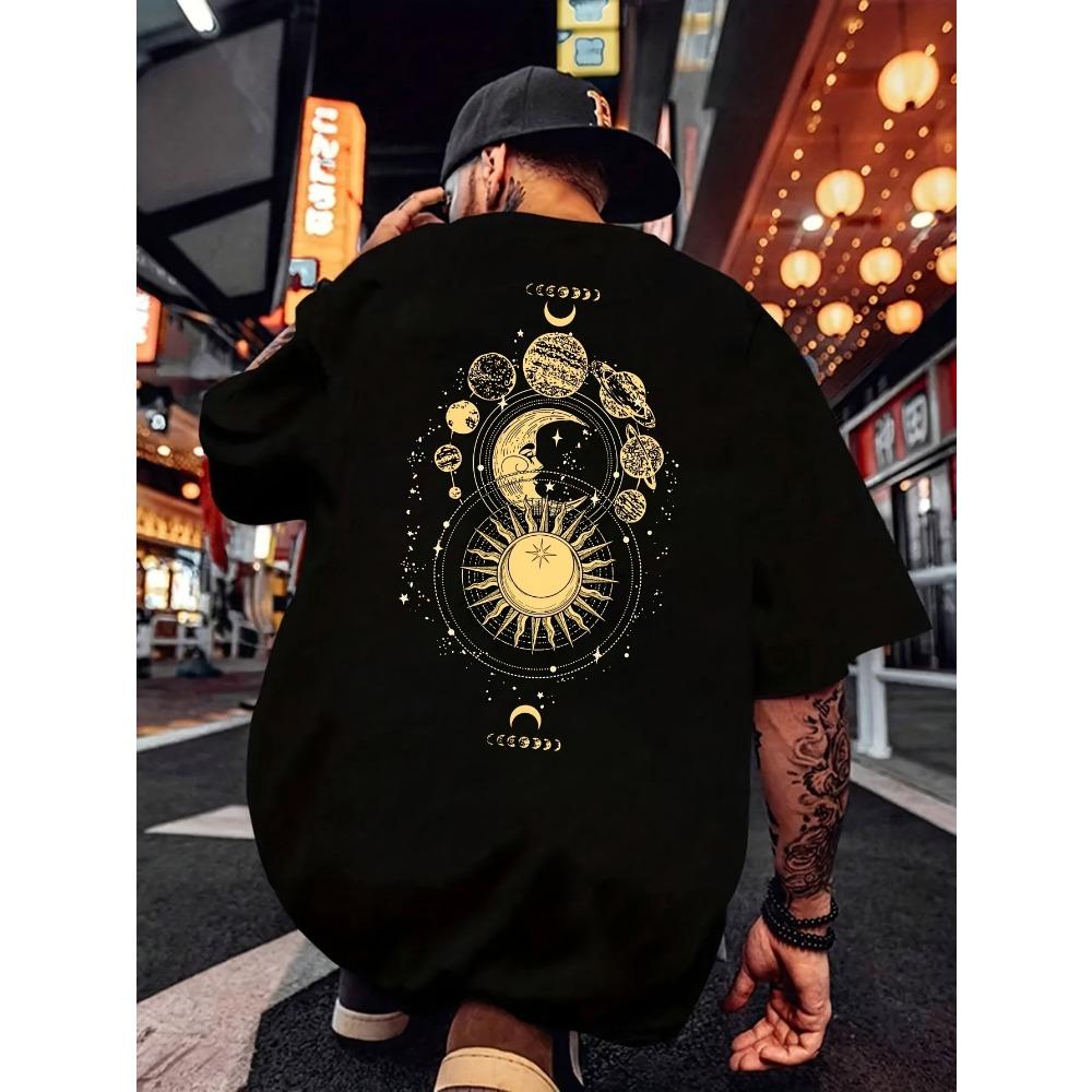 

Men s Black T-Shirt with Yellow Celestial Pattern Modern Space Themed Print with Sun Moon and Planet Elements S