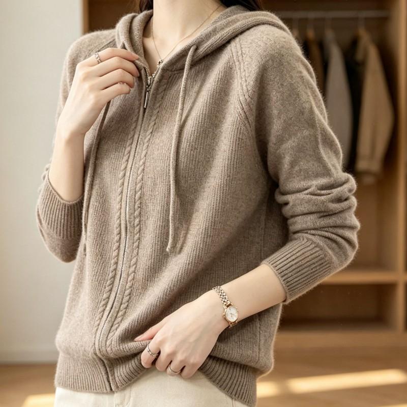 Womens Oversized Knit Cardigan Hooded Zip-Up Sweater Soft Acrylic Blend Casual Chic Outerwear 2026 Fall