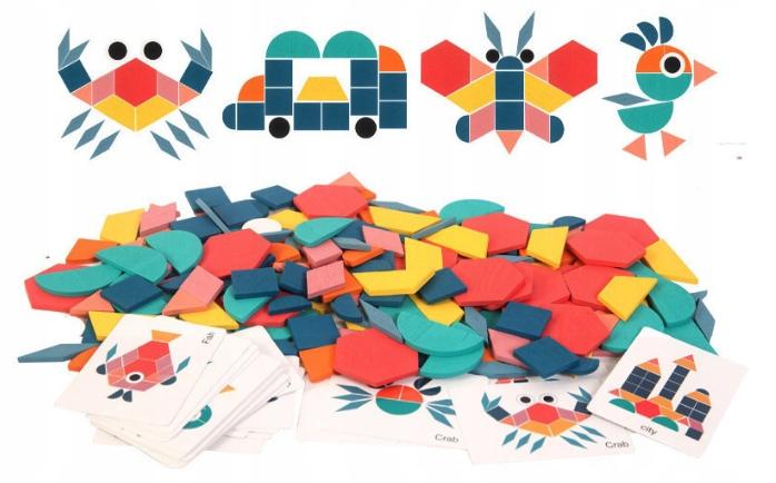 Drewniane Puzzle Do Układania Klocki Tangram Zestaw Montessori Woreczek
