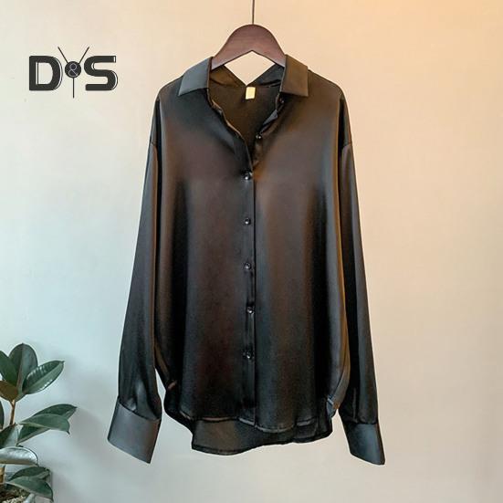 Damen-Hemd mit Revers, langärmelig, einreihig, Oberteile, einfarbig, glatter Satin, lockere Passform, vielseitiges Hemd