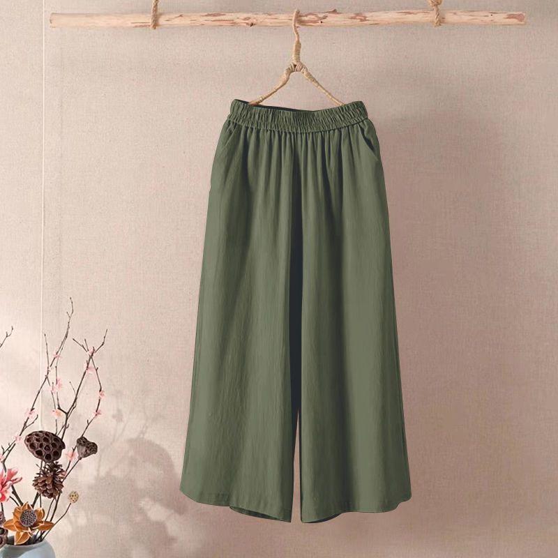 2025 Women's Plus Size Cotton Linen Wide Leg Cropped Pants - Summer Casual, Elastic Waist, Solid Color, Trendy and Loose Fit