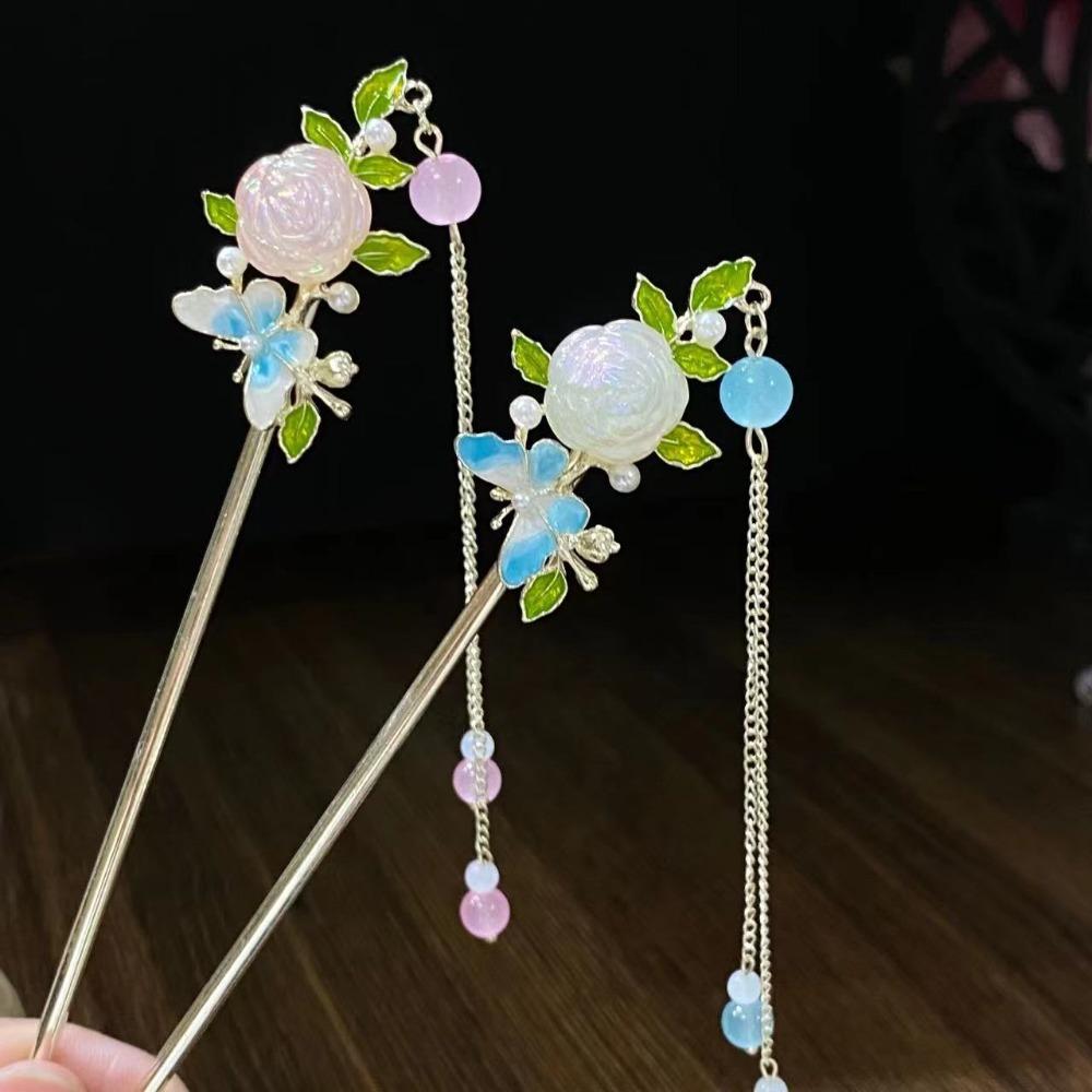 1pc Luxury Rose Tassel Hairpin Modern Chinese Shaking Butterfly Clip Vintage Elegant Hair Accessory Simple and Modern Hairpin
