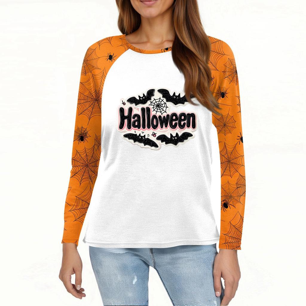 Women's T Shirt Halloween Print Long Sleeve Daily Fashion Basic Round Neck Raglan Sleeve Top