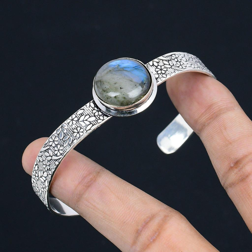 Birthday Gift For Her Natural Labradorite Gemstone Bangle Adjustable 925 Silver