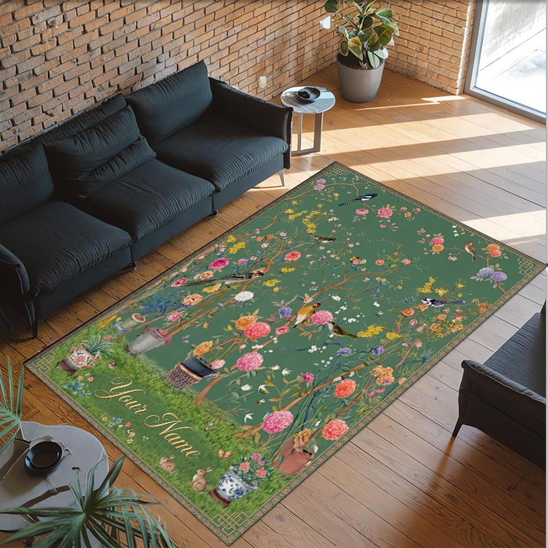 Birds Theme Crystal Velvet Floor Rug Personalized Custom Name Text Warm Carpet Home Decoration