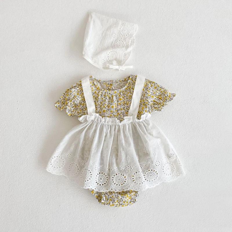 New Summer Baby Clothing, 0-3 Year Old Baby Girl Floral Jumpsuit with Suspender Skirt Set