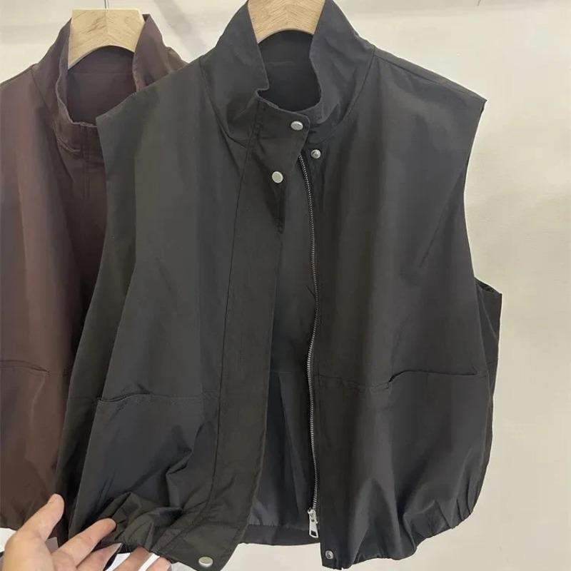 Vest for Women Sleeveless Stand-up Collar Tops Solid Color Vest Oversize Loose Versatile Casual Sleeveless Coat Vest Top S чёрный