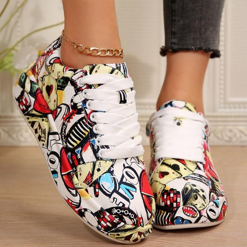 Fashion Women Sneakers Thick-soled Increased Women Sneakers New Hand-painted Graffiti White Women Shoes Outdoor Casual Shoes Plus Size